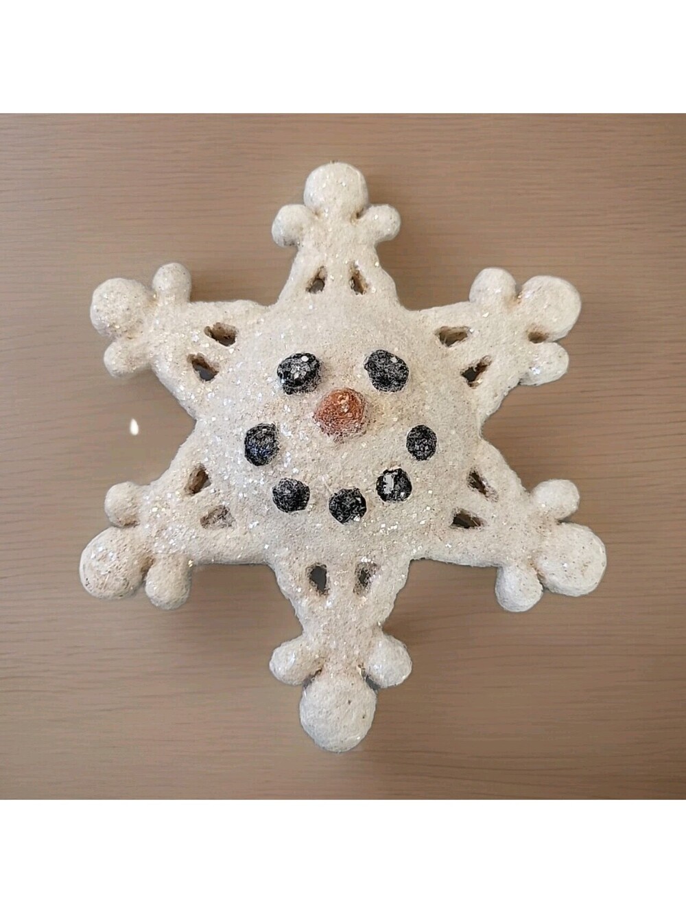 Vintage Christmas Ornament Decoration Large Snowflake Snowman Face Sparkles 5.5"